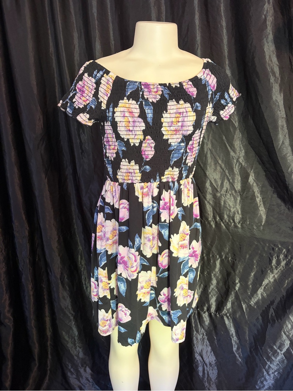 Off-Shoulder Black Floral Smocked Mini Dress in Pink & Yellow